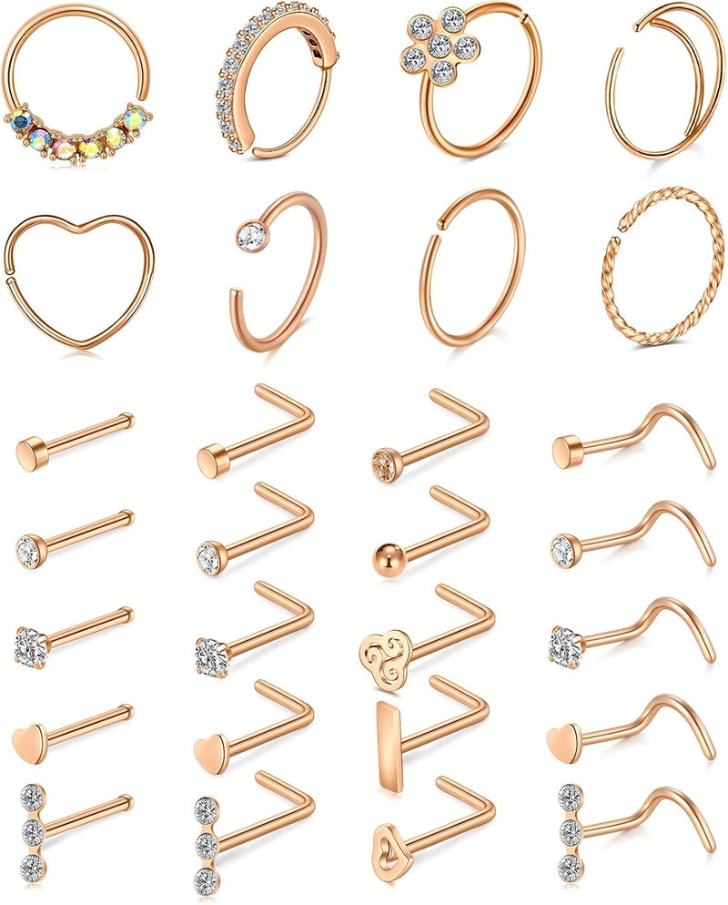 Mayhoop 20g Nose Rings Hoops And Studs For Women Men - Hypoallergenic 316L Surgical Stainless Steel L Shape Nose Screw Bone Silver Rose Gold Black Rainbow Pack 28Pcs - Image 1